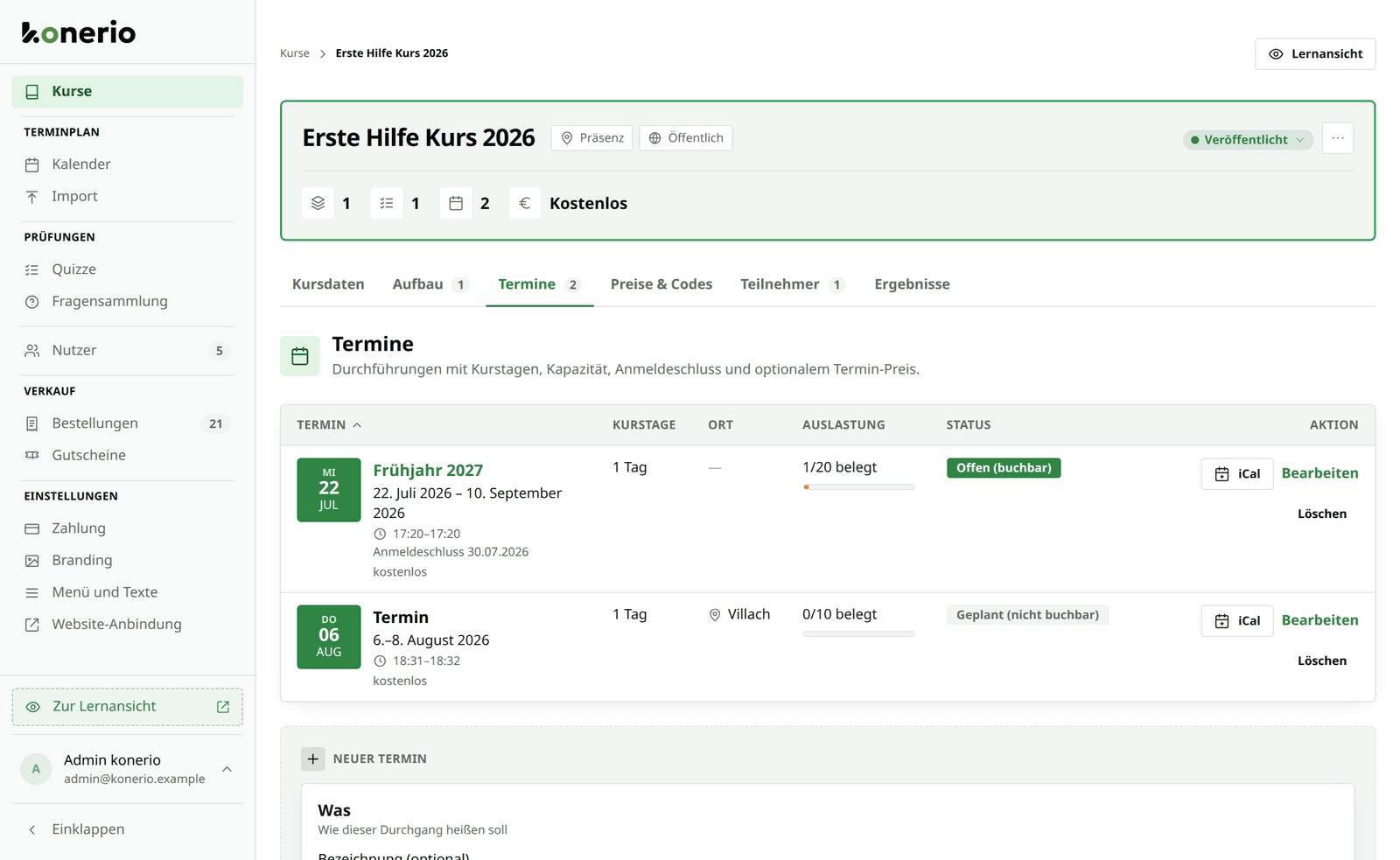 Die Terminliste eines Präsenzkurses in konerio, mit Kurstagen, Ort, Auslastung und Status.