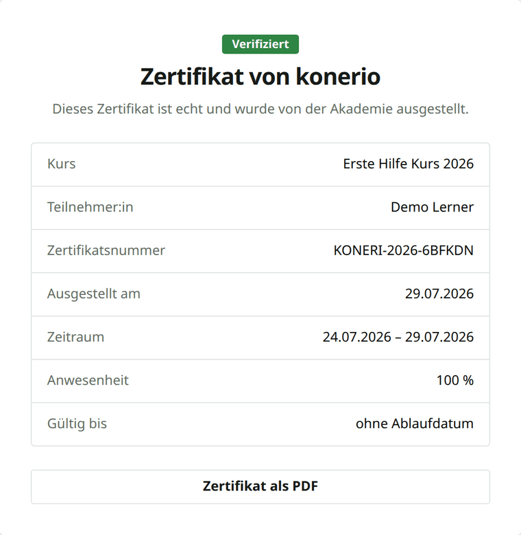Die öffentliche Prüfseite eines konerio-Zertifikats mit Kurs, Nummer, Zeitraum und Anwesenheit.